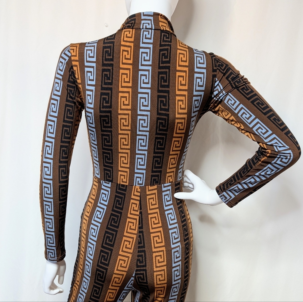 Greek Key Pattern Brown & Light Blue Half Zip Mock Neck Long Sleeve Jumpsuit - Picture 11 of 11